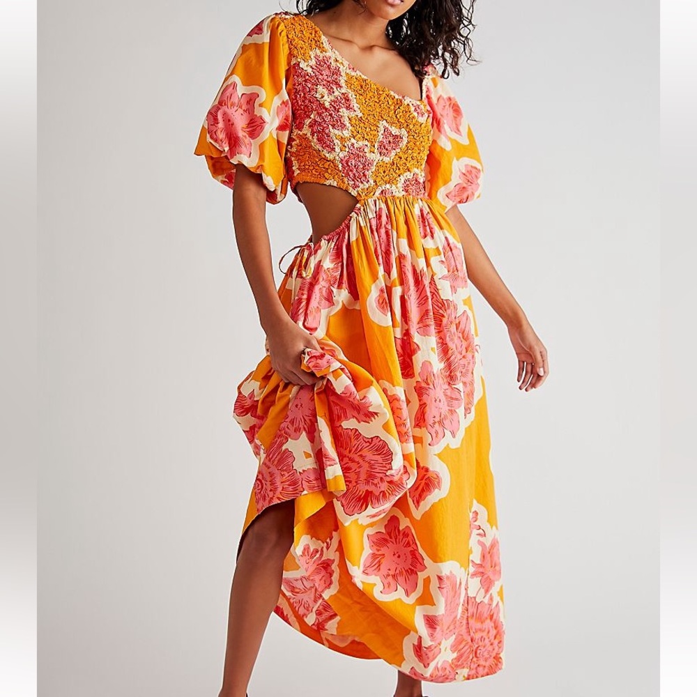 Kalina Printed Midi Dress - Tangerine Combo Large